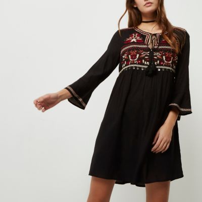 Black embroidered swing dress